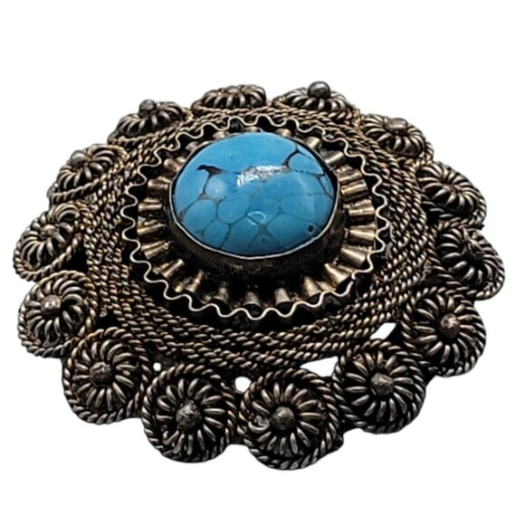 Faux Turquoise Silver Plated Brooch Pendant Blue Glass Filigree Setting Vintage - Picture 15 of 16